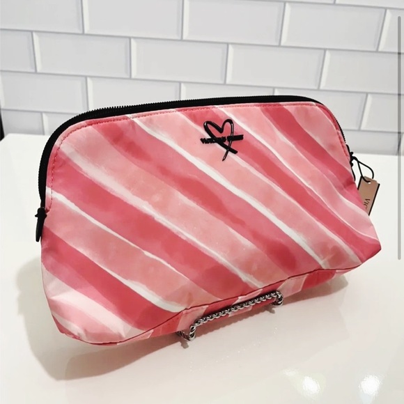 New Victoria's Secret Signature Stripes Beauty Bag Pink Travel Cosmetics Pouch - Picture 2 of 6
